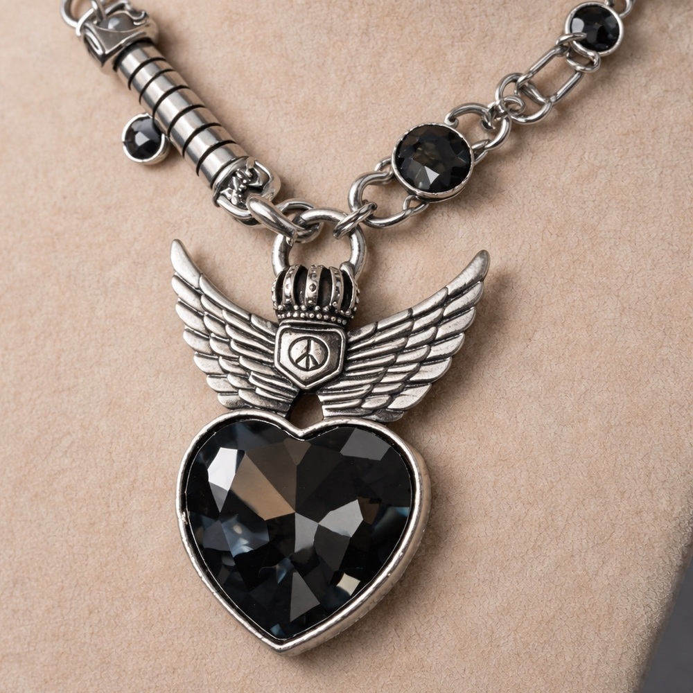 Chunky Gothic Cosplay Glam Punk Heavy Metal, Silver tone, Winged necklace